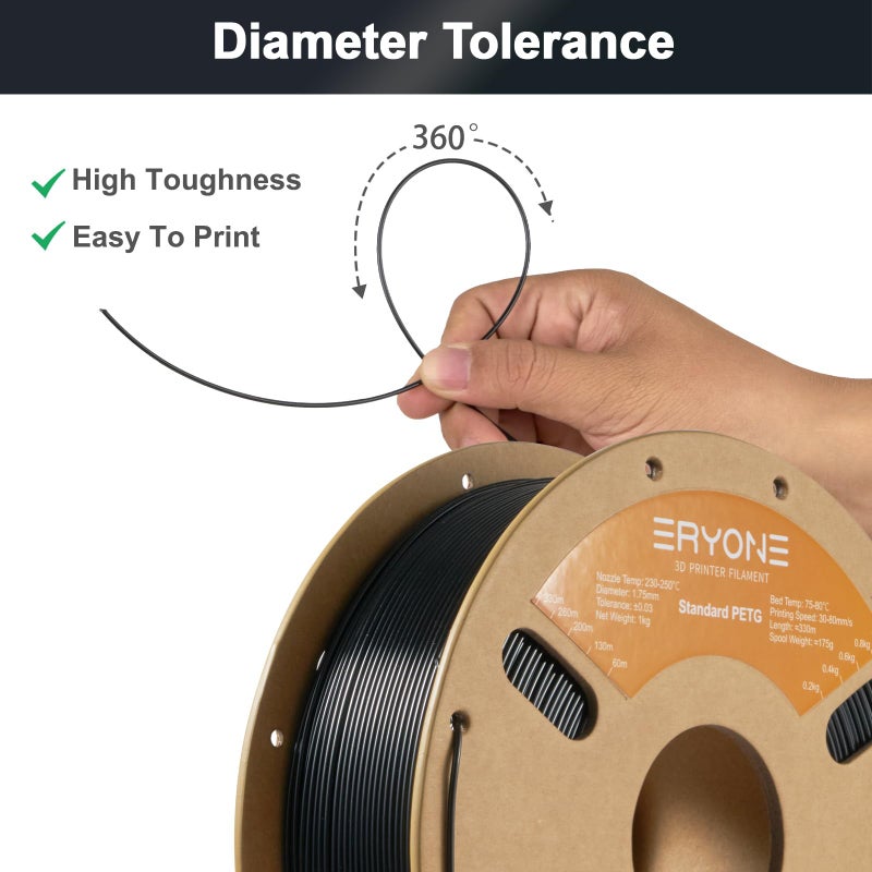 ERYONE PETG Filament for 3D Printer, 1.75mm +/-0.03mm, 1kg(2.2LBS)/Spool, Black - Image 2